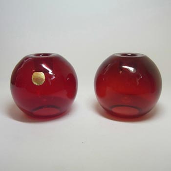 (image for) 2 x Swedish Flygsfors Red Glass Candlesticks - Labelled