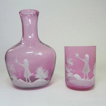 (image for) Mary Gregory Enamelled Pink Glass Carafe + Tumbler Set