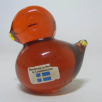 Lindshammar Swedish Orange Glass Bird Paperweight - Labelled