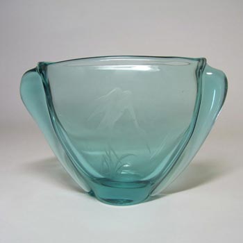 (image for) Zelezny Brod Czech Turquoise Glass Engraved 'Heron' Vass