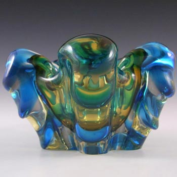 (image for) Japanese Amber & Blue Glass Organic Ribbed Sculpture Bowl