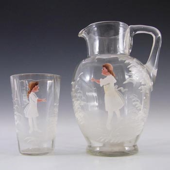 (image for) Mary Gregory Bohemian Hand Enamelled Glass Jug + Tumbler
