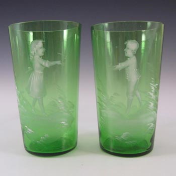 (image for) Mary Gregory Bohemian Hand Enamelled Green Glass Tumblers