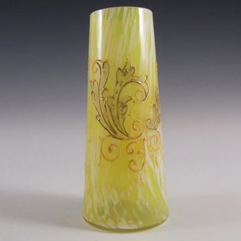 (image for) Bohemian Yellow & White Spatter Glass Vase, Enamelled / Hand Painted