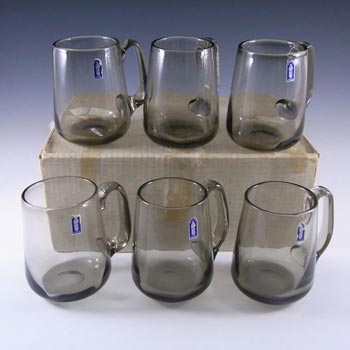 (image for) Whitefriars #9262 Set of 6 Smoky Glass Tankards - Boxed + Labelled