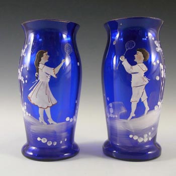 (image for) Mary Gregory Bohemian Hand Enamelled Blue Glass Vases