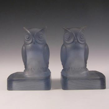 Bagley Art Deco Frosted Blue Glass Owl Bookends / Book Ends