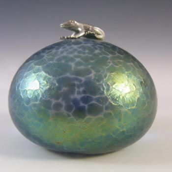 (image for) Heron Glass Blue Iridescent Pebble Paperweight & Frog Sculpture