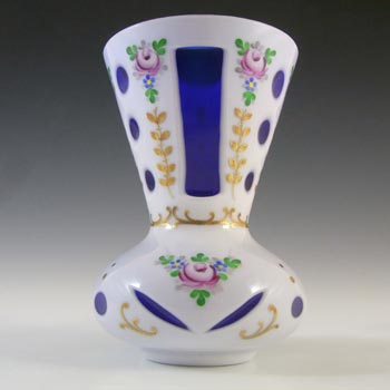 Crystalex Czech Enamelled Blue & White Overlay / Cut Glass Vase