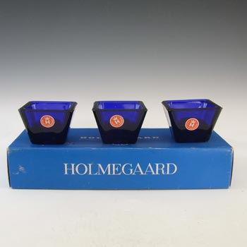(image for) BOXED & LABELLED Holmegaard Set of 3 Blue Glass Candlesticks