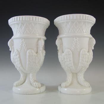 (image for) Edward Moore Pair of Victorian White Milk Glass Griffins Vases