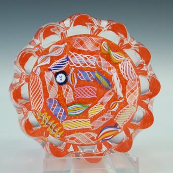 (image for) John Deacons Orange Glass Zanfirico Lace Pie Crust Paperweight - Labelled