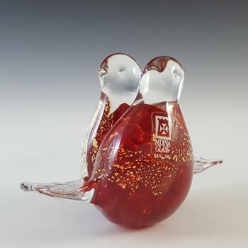 Mdina Maltese Red & Gold Leaf Glass Lovebirds Sculpture - SIGNED