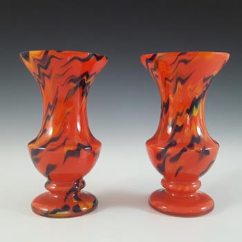 (image for) Czech Pair of Red, Orange & Black Art Deco Spatter Glass Vases