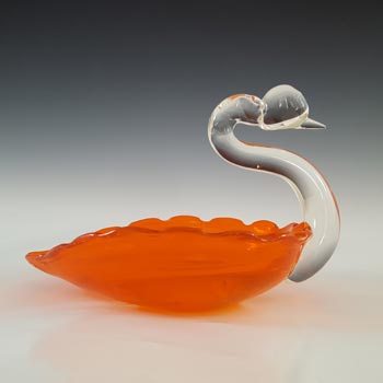 (image for) Japanese "Best Art Glass" Orange & Clear Vintage Swan Bowl
