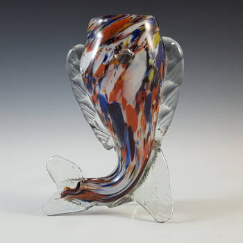 (image for) Romanian Retro Red, Blue & White Speckled Glass Fish Vase