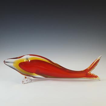 (image for) Aldo Bon Large Murano Red & Amber Sommerso Glass Fish Sculpture
