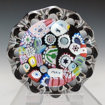(image for) LABELLED John Deacons Black Glass Millefiori Pie Crust Paperweight