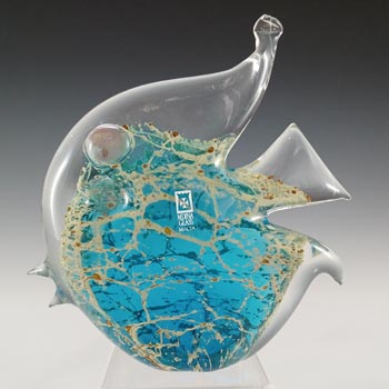 (image for) Mdina 'Blue Crizzle' Maltese Blue & Yellow Glass Fish - Signed