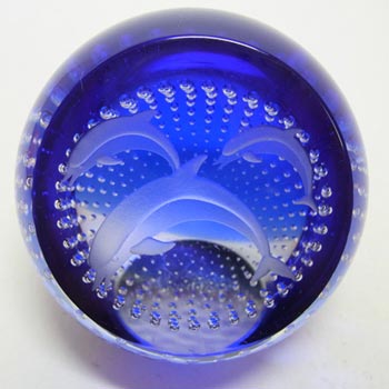 (image for) Caithness Blue Glass "Creatures" Dolphins Paperweight