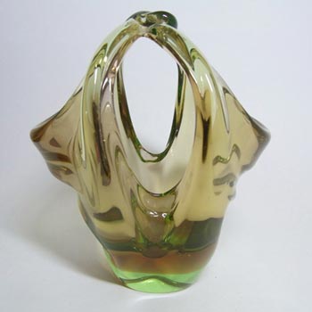 (image for) Skrdlovice #5668 Czech Amber & Green Glass Basket Bowl by Jan Broz