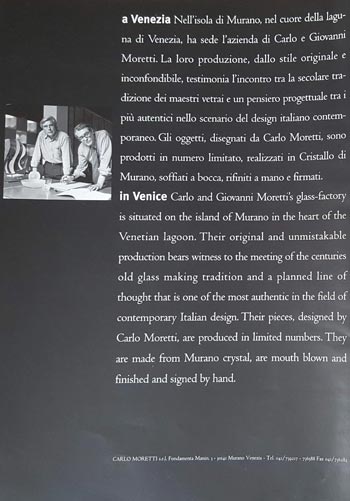 Carlo Moretti 1998 Murano Glass Catalogue, Back Cover