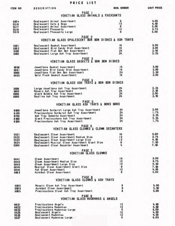 Jordan's Importing Company (JICO) 1967 Murano Glass Catalogue, Price List Page 2