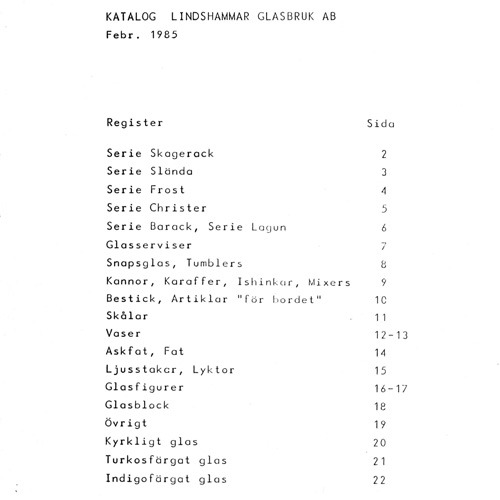 Lindshammar 1985 Catalogue