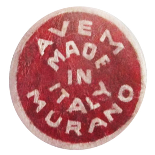 Red Murano glass label for AVEM