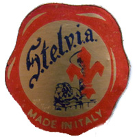 Stelvia Italian glass foil label close up, showing logo of fleur-de-lis and lion.