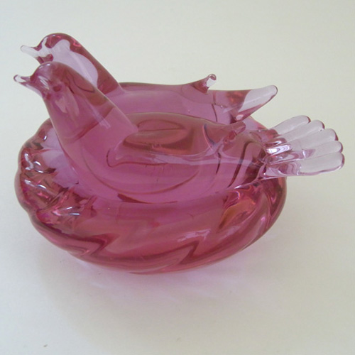 Archimede Seguso Murano Pink Glass Birds + Nest - Signed