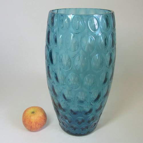 Borske Sklo Large 1950's Blue Glass Optical Olives Vase