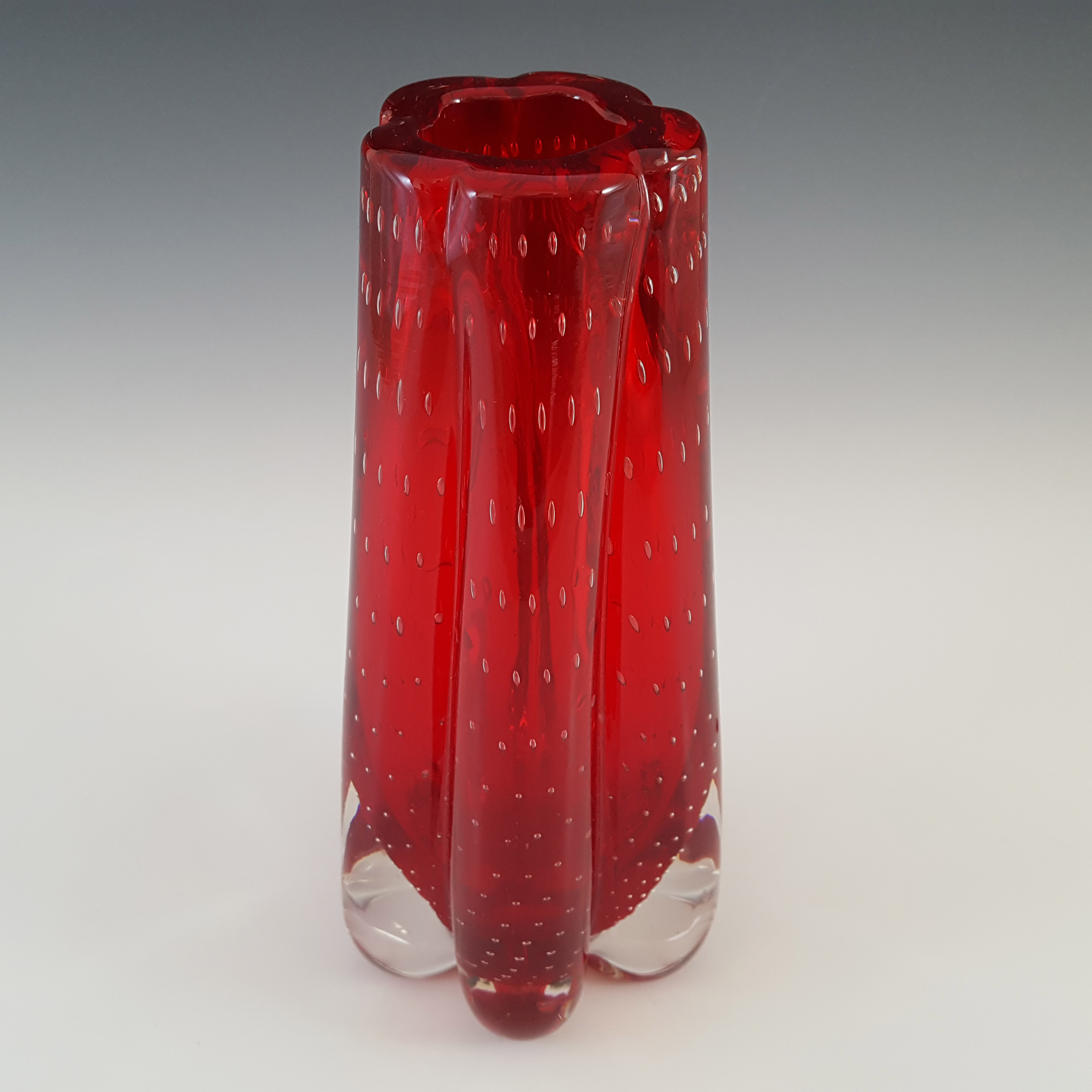 Whitefriars #9772 Ruby Red Glass Controlled Bubble Lobed Vase