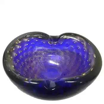 (image for) Murano Blue & Gold Leaf Bubble Glass Sculpture Bowl