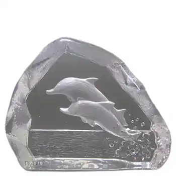 (image for) Nybro Glass Paperweight Dolphins Sculpture - Signed