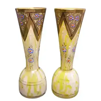 (image for) Pair of Welz Bohemian Lemon Yellow & White Spatter Glass Vases