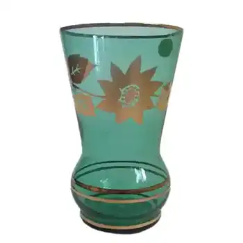 (image for) Borske Sklo 1950's Turquoise Glass + Gold Gilt Vase