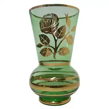 (image for) Large Borske Sklo 1950's Green Glass + Gold Gilt Vase
