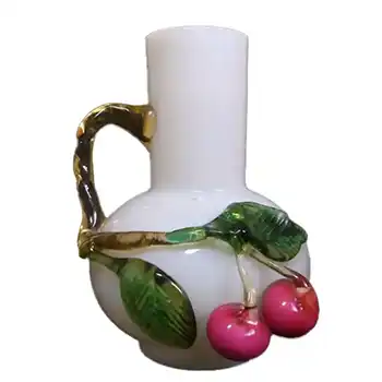 (image for) Victorian Uranium Custard Glass Ivory Cherry & Leaves Vase