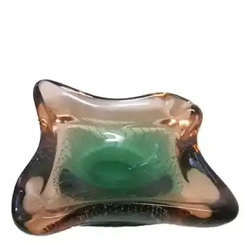 (image for) Harrachov/Mstisov? Czech 1950's Pink + Green Glass Bowl