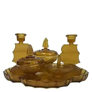 (image for) Art Deco 1930's Amber Glass 'Sailing Ships' Trinket Set