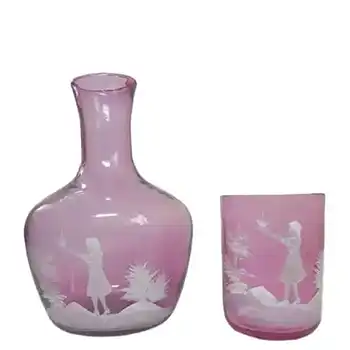(image for) Mary Gregory Enamelled Pink Glass Carafe + Tumbler Set