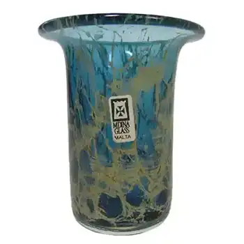 (image for) Mdina 'Blue Crizzle' Maltese Blue + Yellow Glass Vase - Labelled