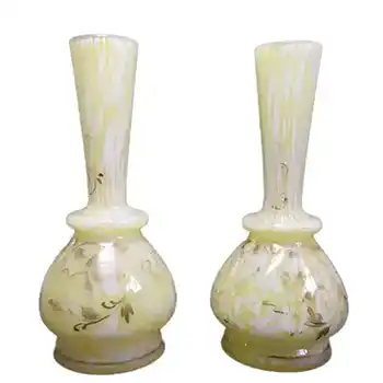 (image for) Pair of Welz Bohemian Lemon Yellow & White Spatter Glass Vases