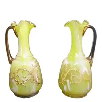 (image for) Pair of Welz Bohemian Lemon Yellow & White Spatter Glass Vases/Jugs