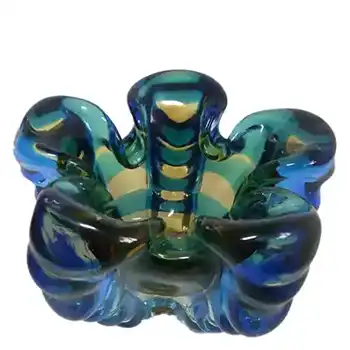 (image for) Japanese Amber & Blue Glass Organic Ribbed Sculpture Bowl