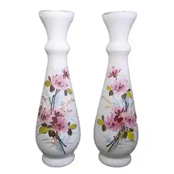 (image for) 2 x Victorian Hand Painted/Enamelled Opaque Glass Vases