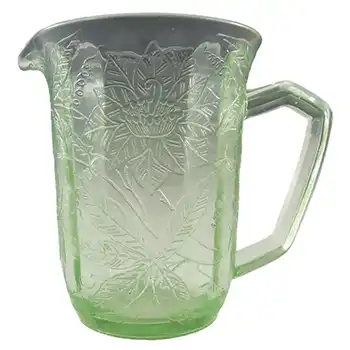 (image for) Jeannette Poinsettia Floral Green Depression Glass Jug/Pitcher