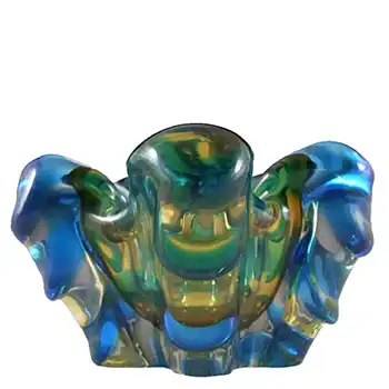 (image for) Japanese Amber & Blue Glass Organic Ribbed Sculpture Bowl