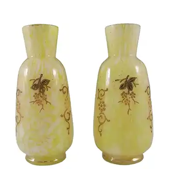 (image for) Pair of Welz Bohemian Lemon Yellow & White Spatter Glass Vases